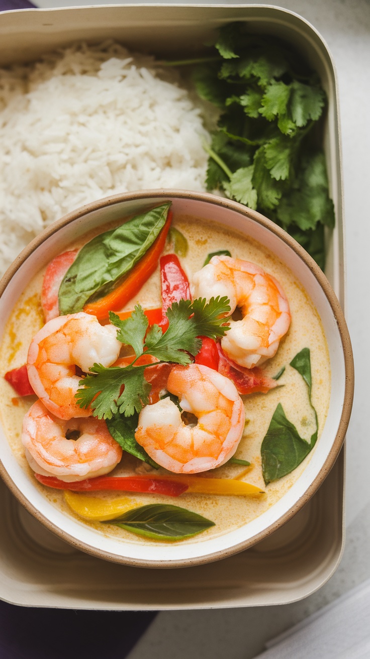 A bowl of Thai Coconut Curry Shrimp with rice, garnished with cilantro and fresh vegetables.