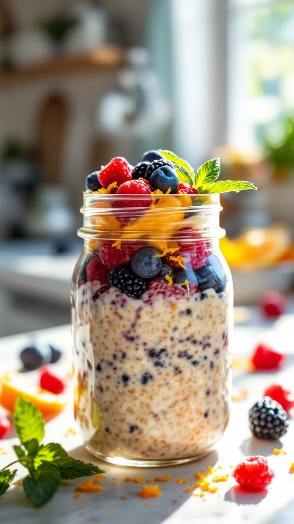 A jar of overnight oats with mixed berries and orange zest, set in a bright kitchen.