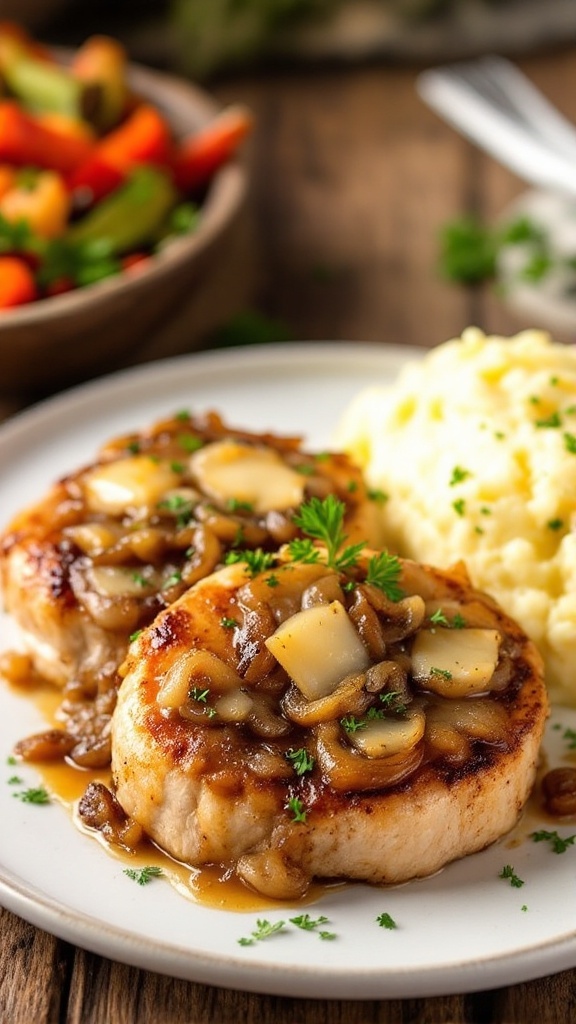 French Onion Pork Chops with caramelized onions and melted cheese, served with roasted vegetables.