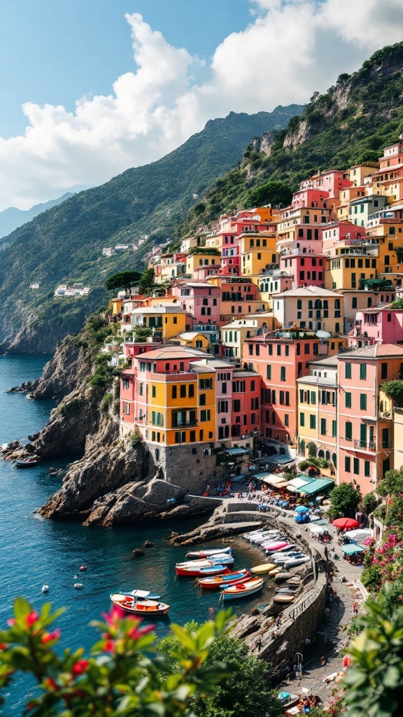Colorful houses on the cliffs of Cinque Terre, Italy, overlooking the sea with boats nearby.