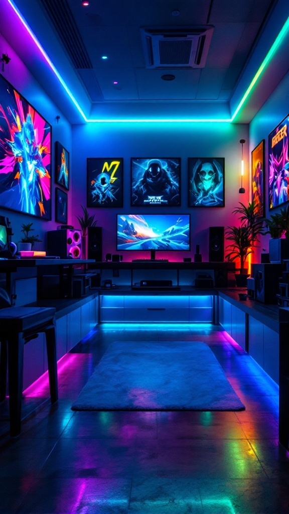 A modern gaming room with vibrant LED lighting and wall art.