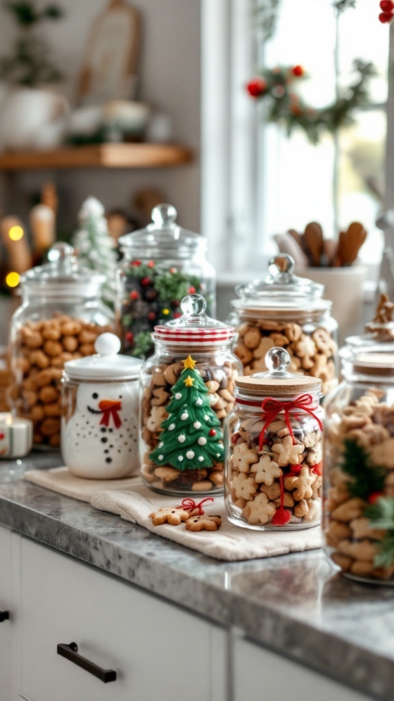 Decorative cookie jars in a kitchen setting, featuring festive designs and various cookies.