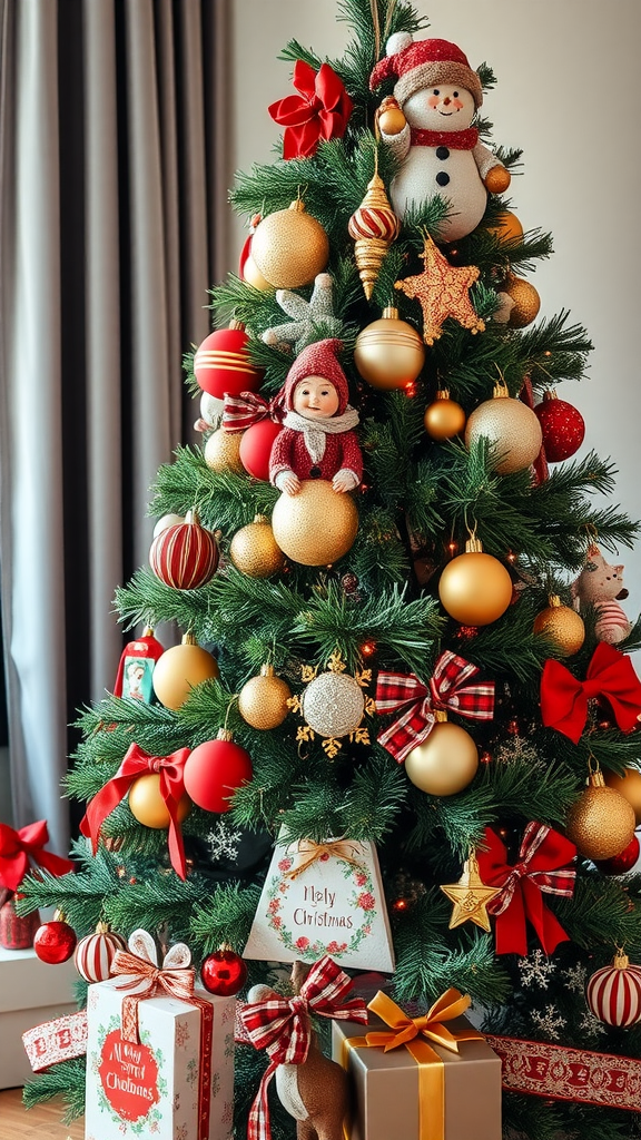 A beautifully decorated Christmas tree with red, gold, and white ornaments and presents underneath.