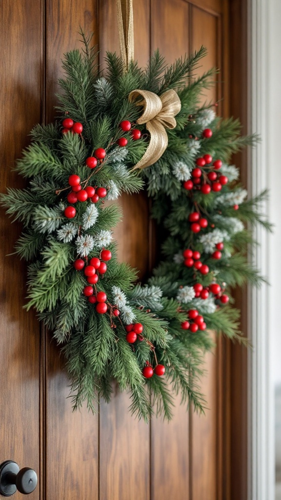 A Christmas wreath with red berries and a golden bow hanging on a wooden door.