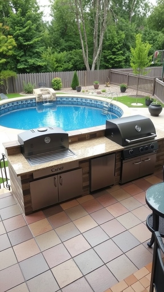 Tiled deck with outdoor kitchen area next to a swimming pool.