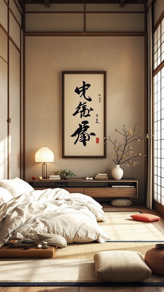 A tranquil Japanese-style bedroom featuring traditional decor, calligraphy art, natural elements, and low furniture.