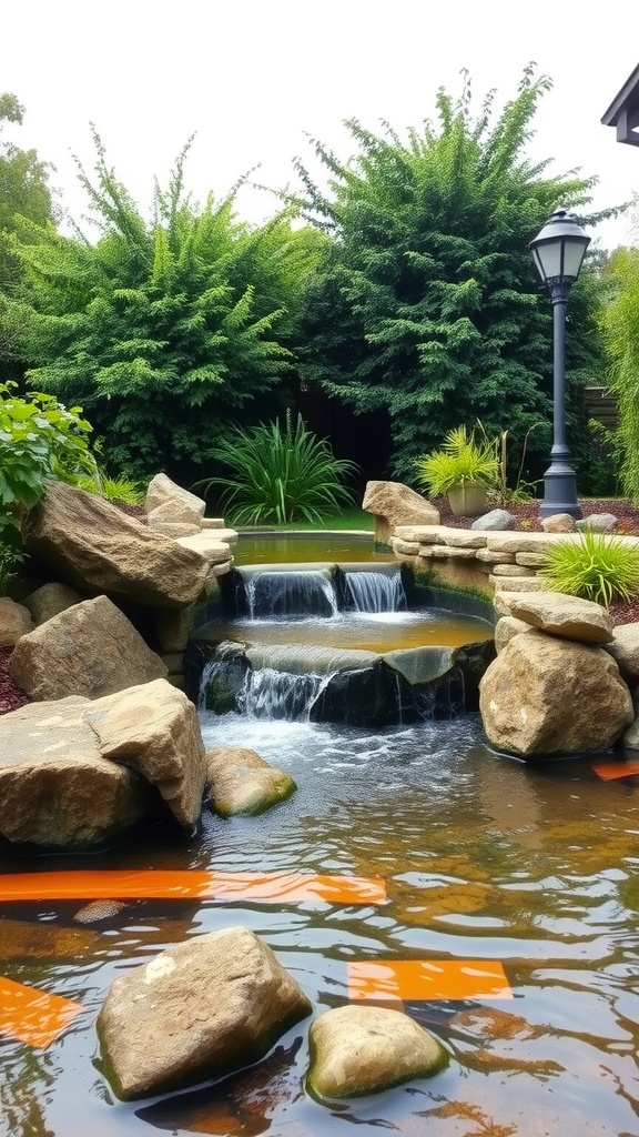 A serene backyard water feature with a small waterfall, rocks, and lush greenery.