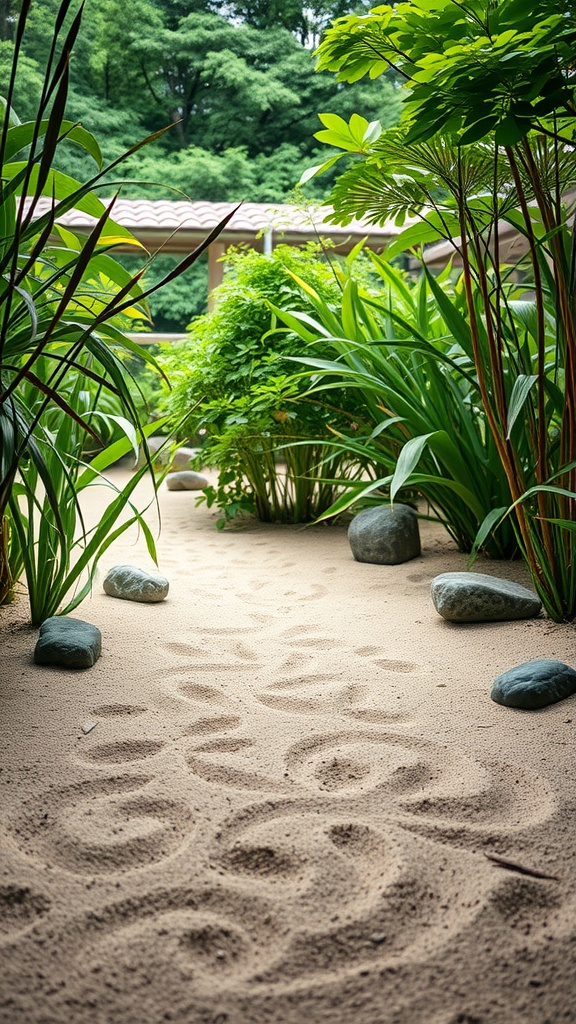 A serene Zen garden with sandy paths, stones, and lush green plants.