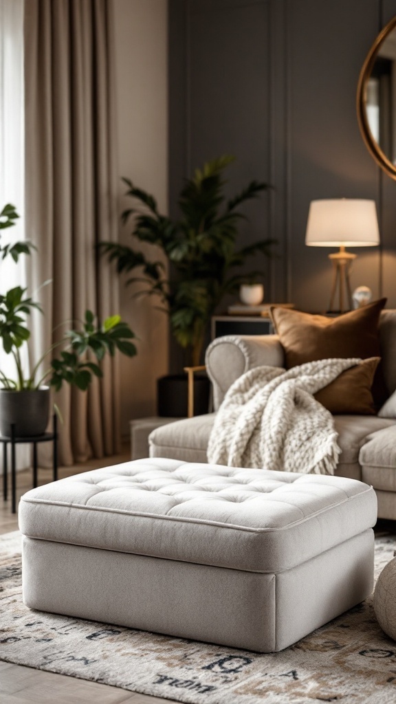 A stylish transformable ottoman in a cozy living room, showcasing its versatility and storage function.
