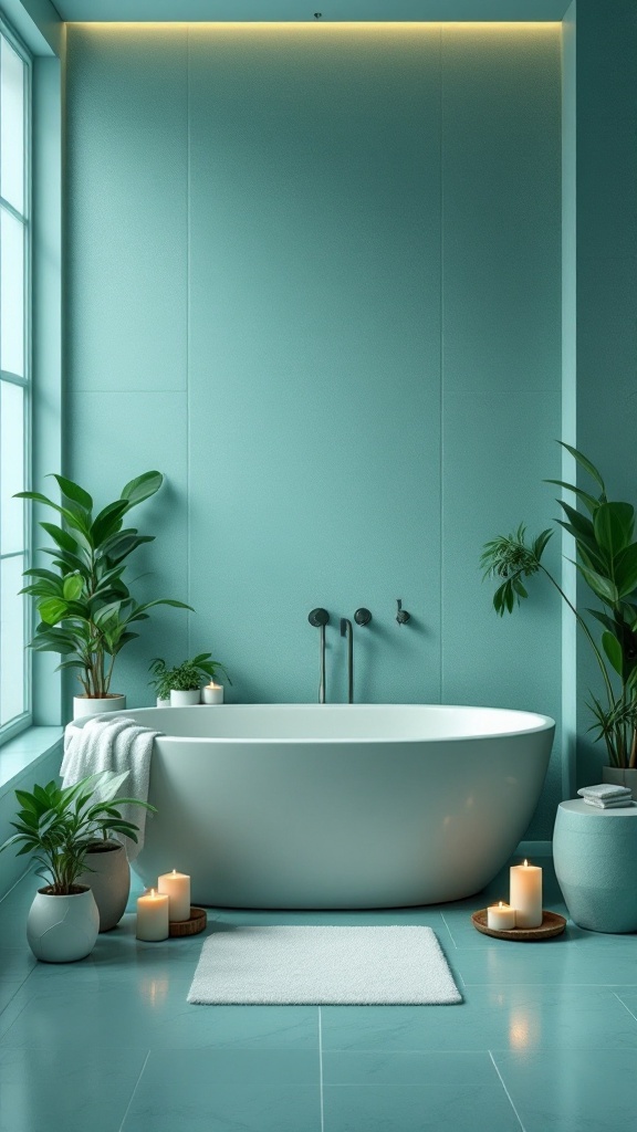 A serene turquoise bathroom featuring a freestanding bathtub, candles, and potted plants.