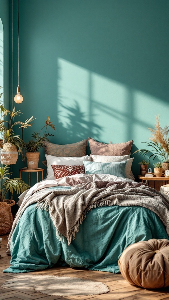 A cozy bohemian bedroom with turquoise walls, layered bedding, potted plants, and warm wooden accents.