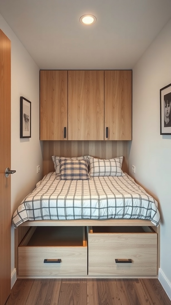 Cozy bedroom with elevated bed and storage drawers underneath