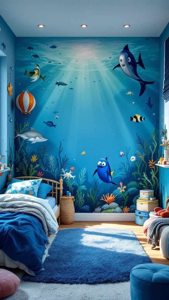 A beautifully decorated boys' bedroom featuring an ocean-themed mural with fish and sea life, a cozy bed with star-patterned pillows, and vibrant decor.