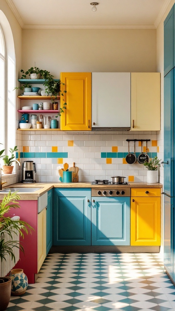 Colorful small kitchen with yellow, blue, and pink cabinets and plants.