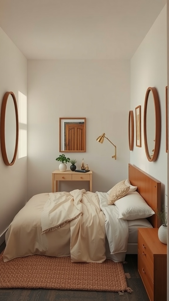 A cozy tiny bedroom featuring a bed with light bedding, wooden furniture, and several mirrors on the walls.