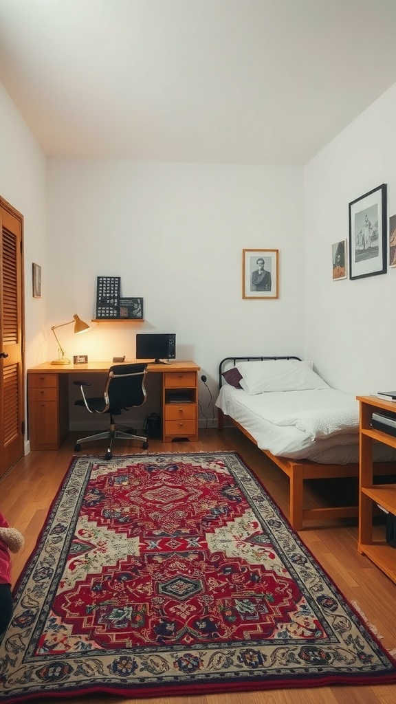 A cozy bedroom with a patterned rug defining the workspace and sleeping area.