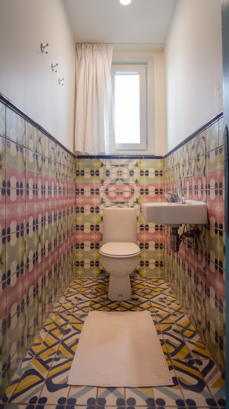 A small bathroom with colorful patterned tiles on the walls and floor, featuring a white toilet and sink.