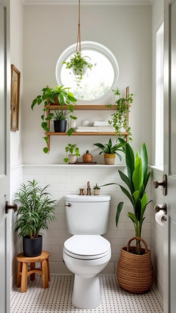 A small bathroom featuring plants and wooden shelves for decor.