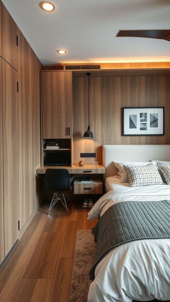 A cozy bedroom featuring multi-functional furniture, including a bed with storage and a stylish desk with a chair.