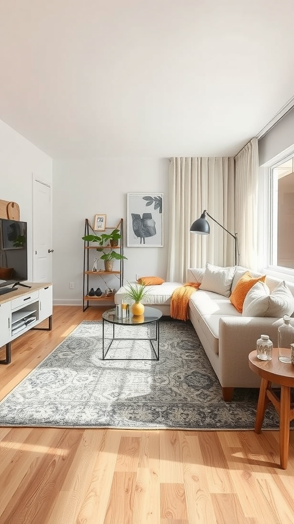 Cozy small living room with an area rug, sofa, and coffee table