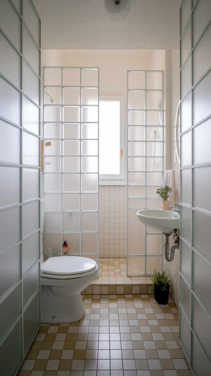 A bathroom featuring clear and frosted glass partitions, creating a light and airy atmosphere.