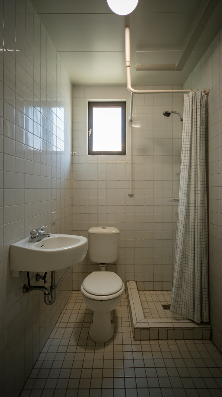 A small bathroom featuring compact fixtures including a toilet, sink, and shower