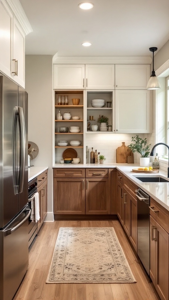 A cozy kitchen with corner shelves and wooden cabinets