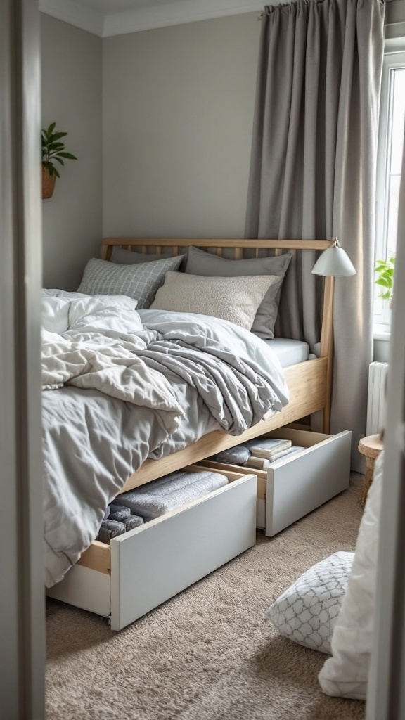 A cozy bedroom featuring a wooden bed with under-bed storage drawers, filled with neatly folded blankets.