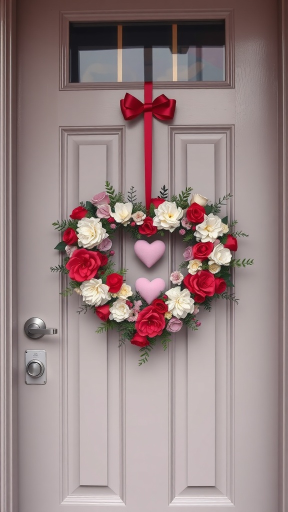 A heart-shaped Valentine's Day wreath made of red and white flowers, with two pink hearts and a red bow, hanging on a door.