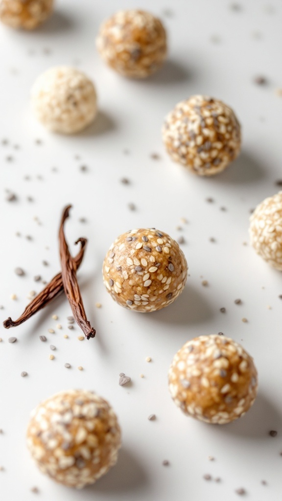 Vanilla Chia Seed Protein Balls on a white surface with chia seeds and vanilla beans