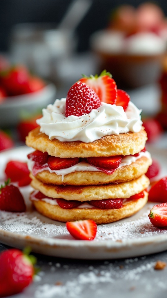A delicious vegan strawberry shortcake stacked high with whipped cream and fresh strawberries.