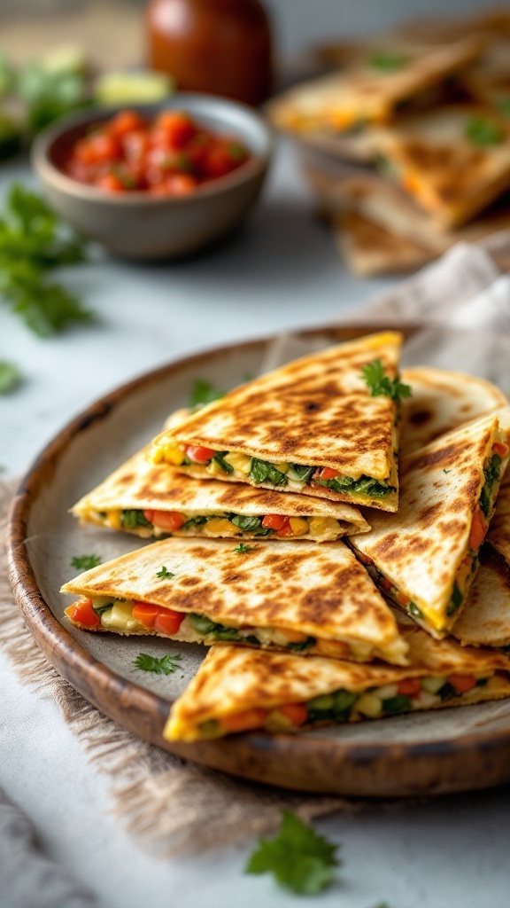 Vegetable quesadillas with salsa on a plate
