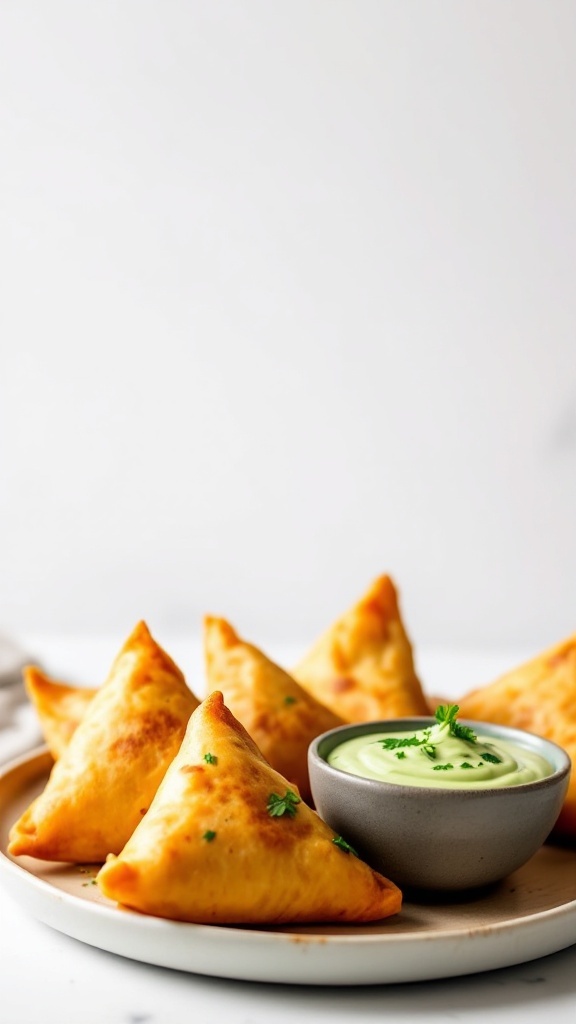 A plate of golden vegetable samosas served with a green dipping sauce.