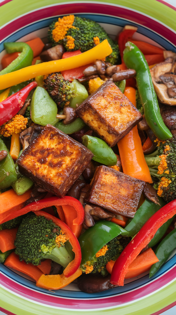 A vibrant vegetable stir-fry featuring tofu, bell peppers, broccoli, and mushrooms.