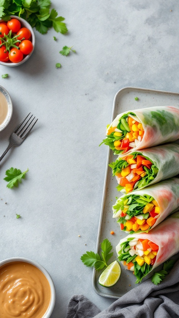Veggie rice paper rolls with peanut sauce on a plate