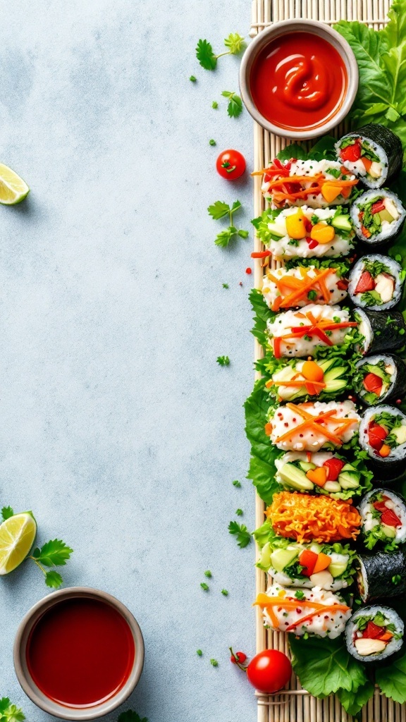 Vibrant veggie sushi rolls with various colorful vegetables.