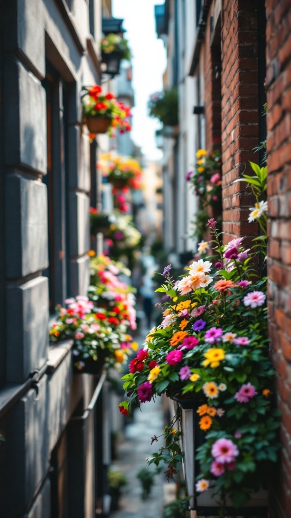 A narrow alley with colorful flower boxes adorning the walls