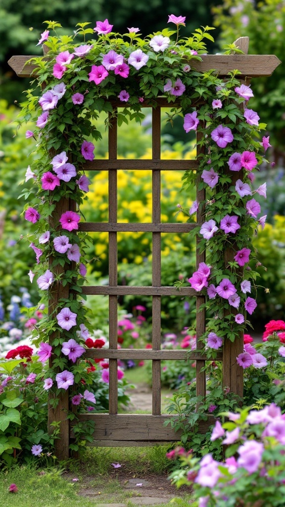 Wooden trellis covered with climbing pink and purple flowers in a garden.
