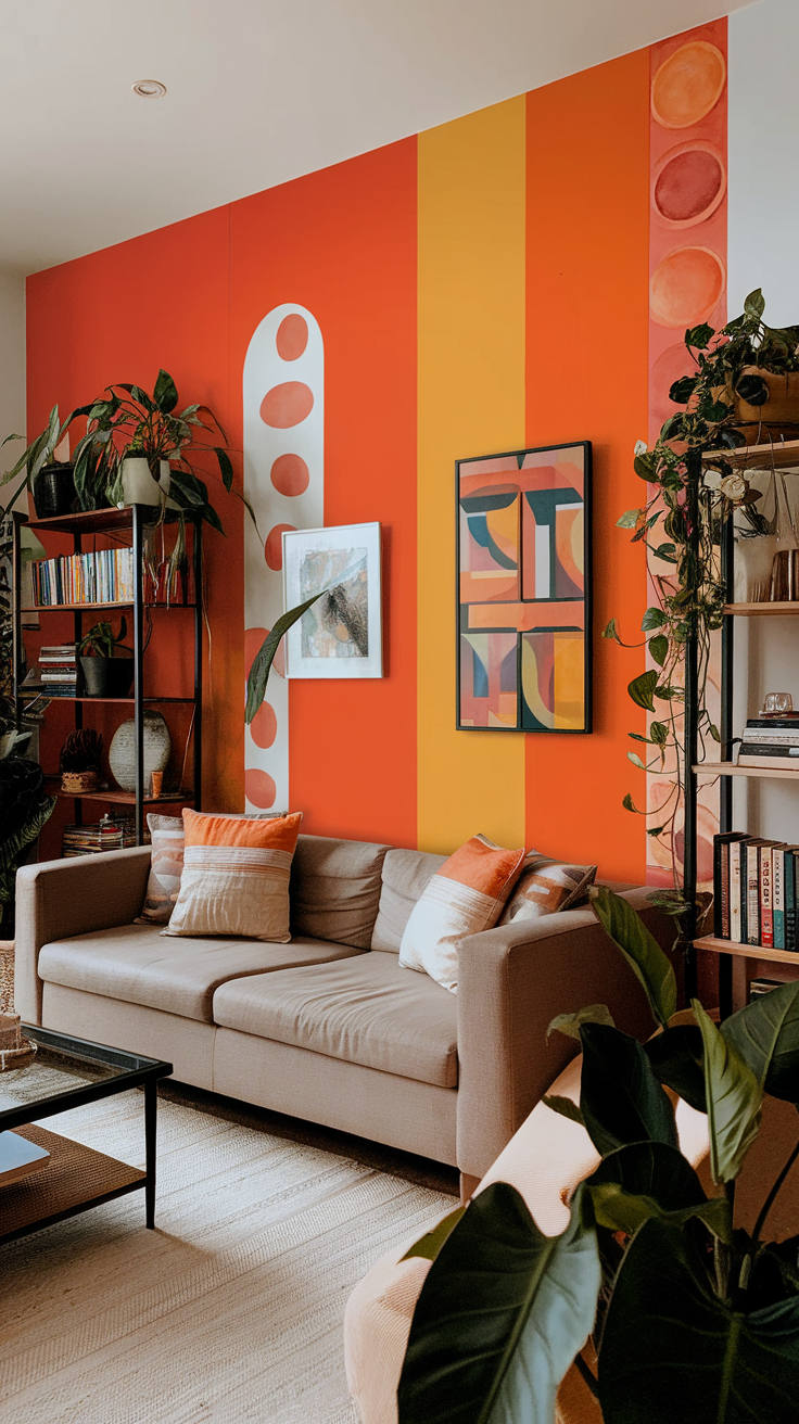 A cozy living room featuring a vibrant accent wall with bold colors and patterns.