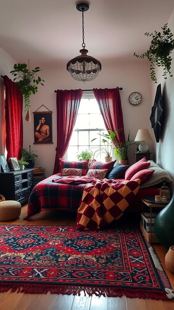 A vibrant bohemian bedroom featuring red and black decor, patterned textiles, and indoor plants.
