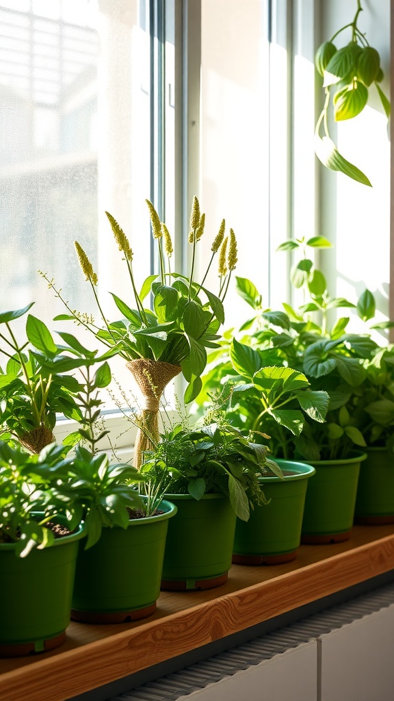 A lush herb garden with various green plants in pots on a windowsill.