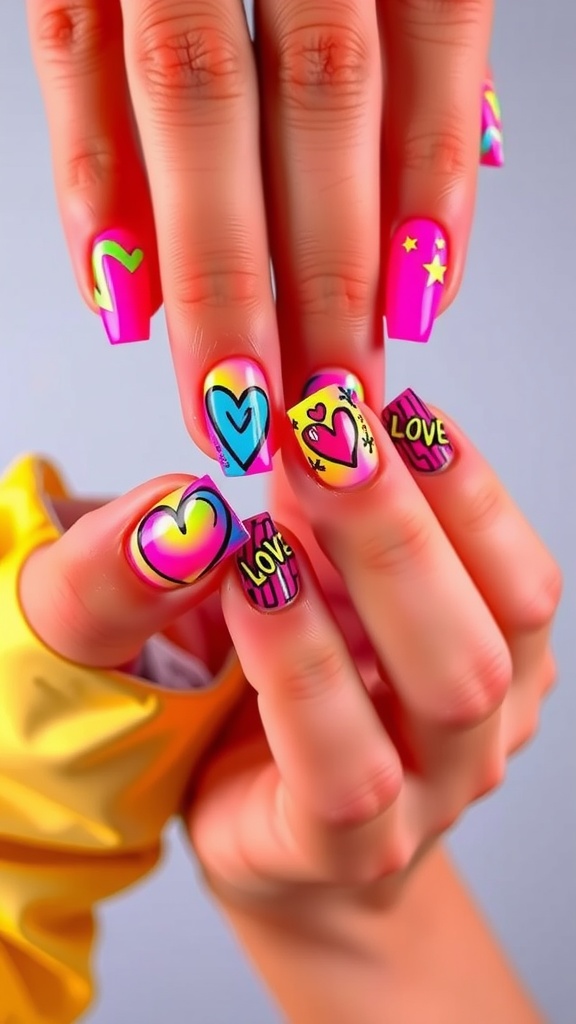 Colorful and artistic neon-themed Valentine's nails with hearts and playful designs.