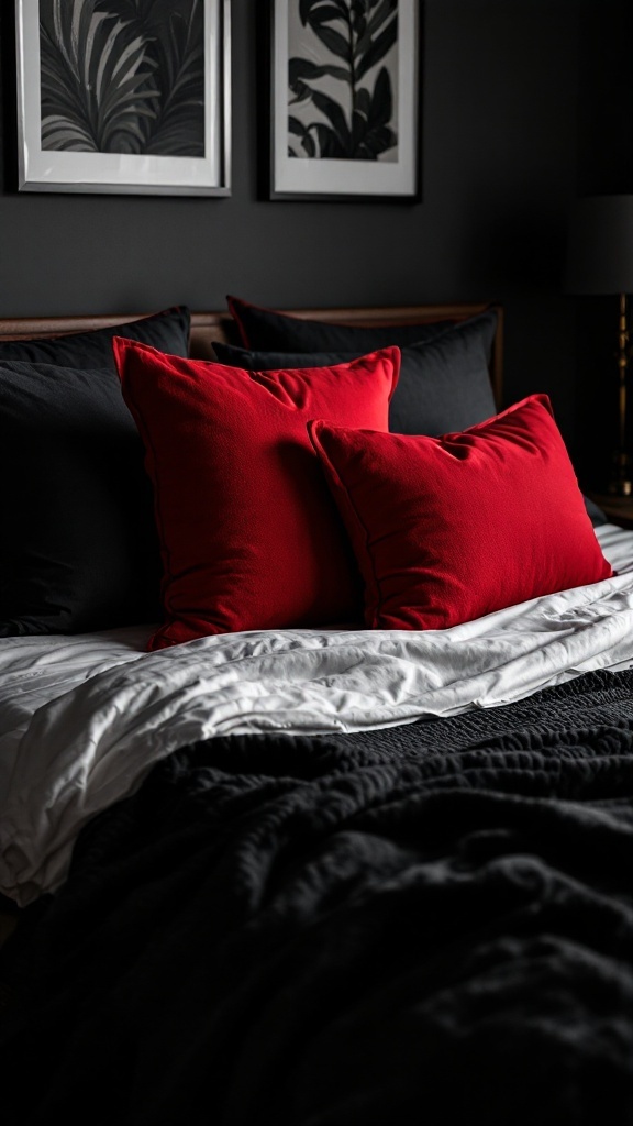 Red throw pillows on a black bed with dark bedding and framed leaf art on the wall