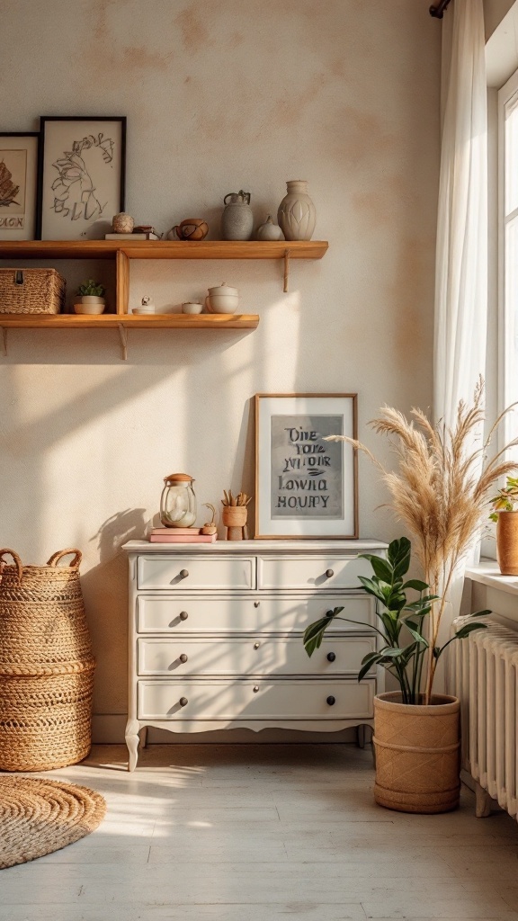 A cozy vintage-inspired bedroom with a white dresser, wooden shelves, potted plants, and natural light.