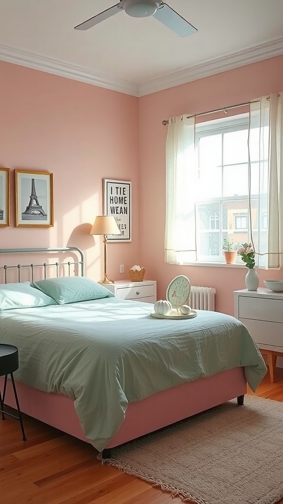 A vintage-inspired bedroom with pink walls, mint green bedding, and natural light.