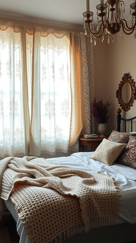 A cozy vintage bedroom with lace curtains, a chunky knit blanket on the bed, and a stylish chandelier.