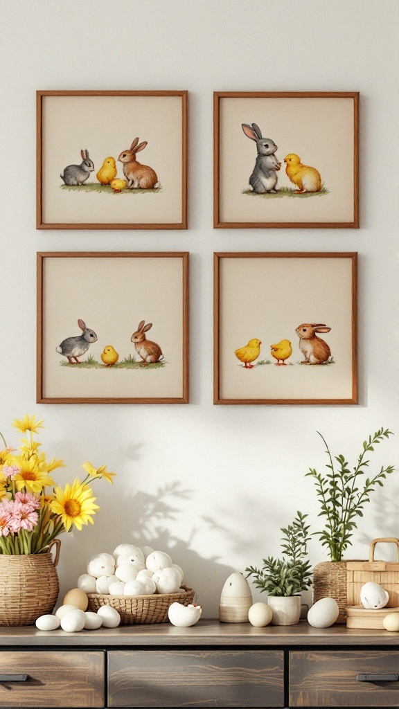 A charming display of vintage animal illustrations featuring bunnies and chicks, framed on a wall above a rustic table with flowers and eggs.