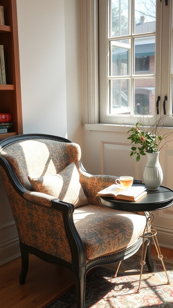 A vintage armchair with a side table, featuring a vase of flowers and a book, illuminated by sunlight