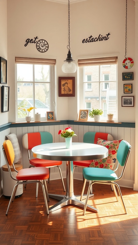 A cozy dining nook featuring a retro round table with colorful chairs, enhancing the vintage charm.