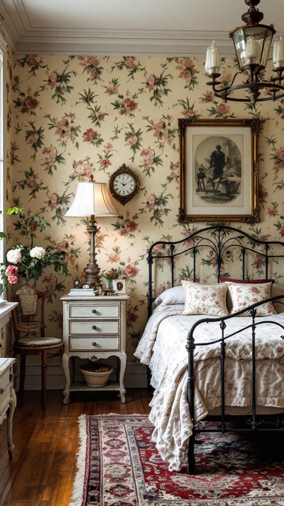 A vintage bedroom featuring floral wallpaper, an iron bed frame, antique decor, and warm lighting.